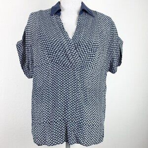 The Podolls Size Medium Top Silk Blouse V Neck Short Dolman Sleeve Blue White